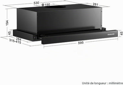 BR60BP Hotte Aspirante 60 Cm Umluft, Hotte Intégrée À Écran Plat 335 M³/H, Hotte Abstrait À Extraction À Plat Noire Avec Filtre À Charbon Actif CF132