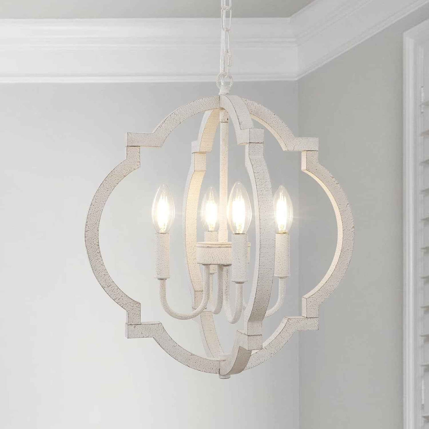 Lustre En Bois Blanc À 4 Lumières Lampe Suspendue Rustique Française Antique Classique Pour Salle À Manger, Entrée, Chambre À Coucher, Salon, Cuisine