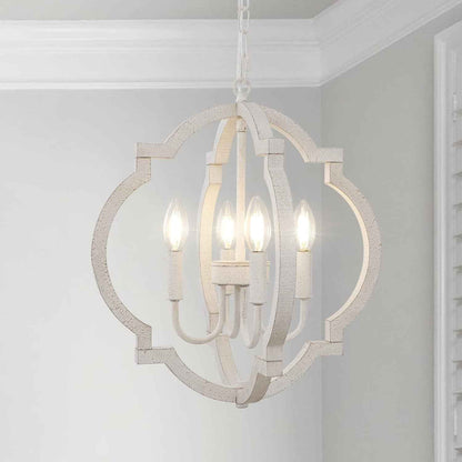 Lustre En Bois Blanc À 4 Lumières Lampe Suspendue Rustique Française Antique Classique Pour Salle À Manger, Entrée, Chambre À Coucher, Salon, Cuisine