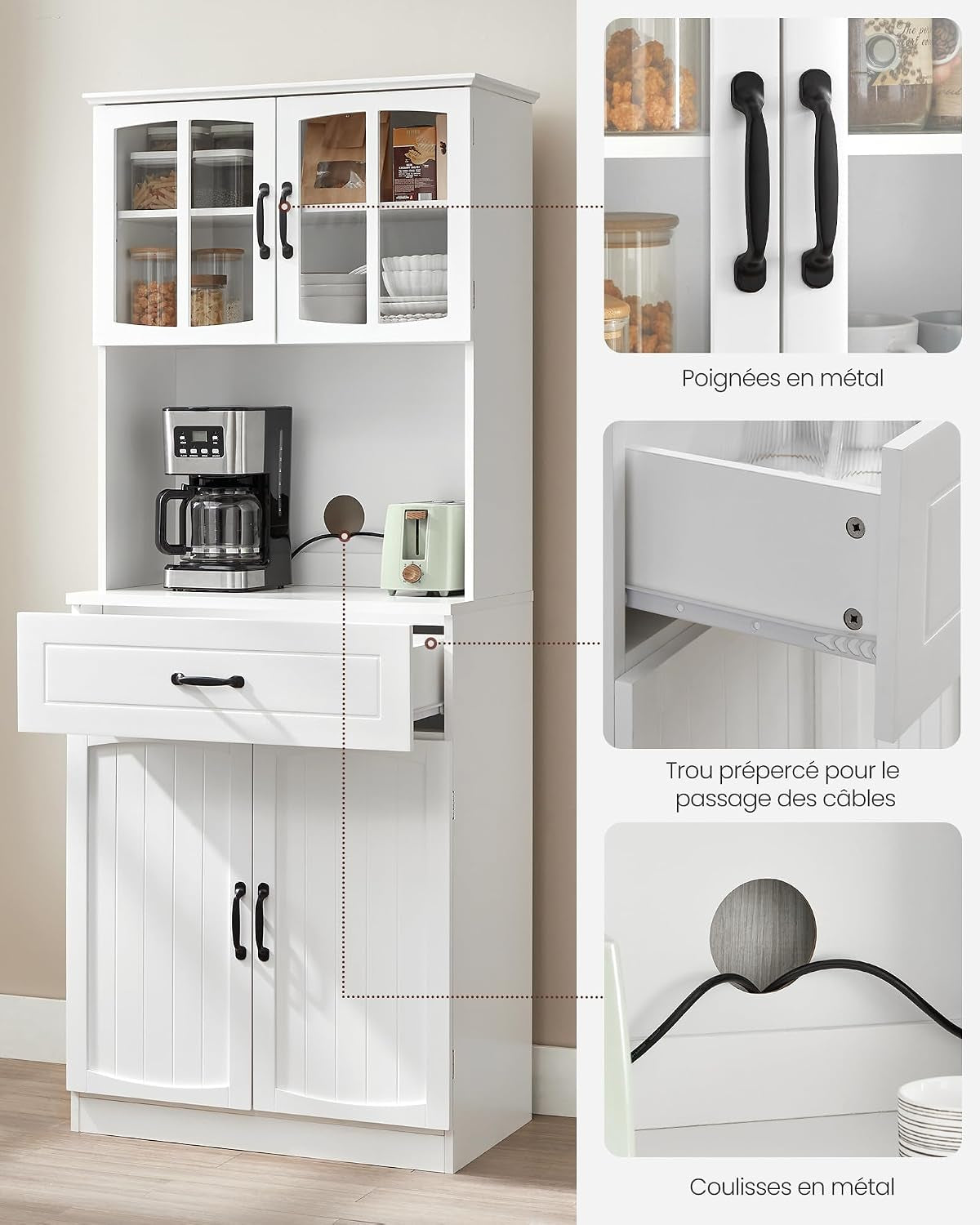 Buffet Haut Cuisine, Meuble De Rangement, Garde-Manger, Vaisselier, Avec Portes En Verre Et Étagères Réglables, Trou De Passage Des Câbles, Pour Micro-Ondes, Style Moderne, Blanc LSC361W21 | Armoire Multi-Usages Avec Étagères Réglables, Trou De Câble, Style Maison De Campagne, Blanc, Collection SOFIE LSC361W21