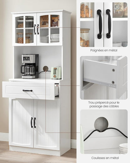 Buffet Haut Cuisine, Meuble De Rangement, Garde-Manger, Vaisselier, Avec Portes En Verre Et Étagères Réglables, Trou De Passage Des Câbles, Pour Micro-Ondes, Style Moderne, Blanc LSC361W21 | Armoire Multi-Usages Avec Étagères Réglables, Trou De Câble, Style Maison De Campagne, Blanc, Collection SOFIE LSC361W21