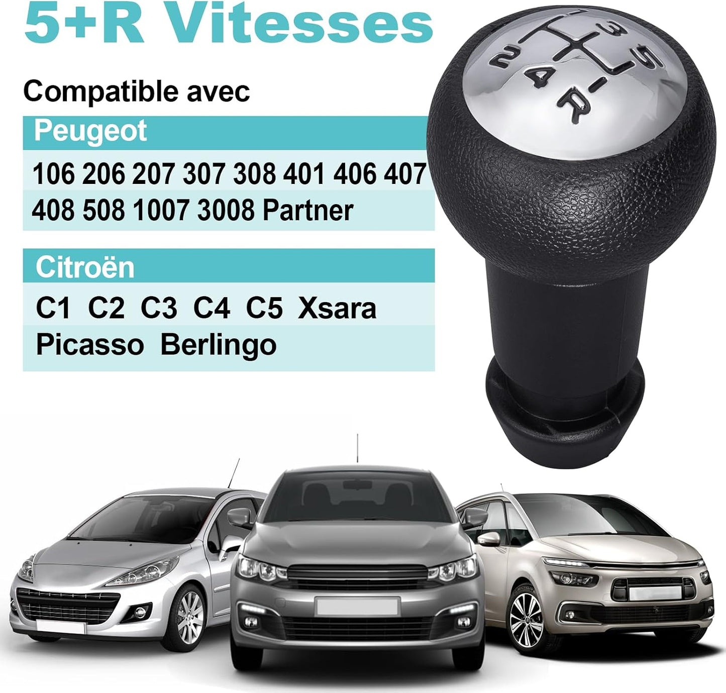 Pommeau De Levier De Vitesses Manuel 5 Vitesses Pour Peugeot 106 | 107 207 301 306 307 308 407 408 508 3008 1007 Pour CITROEN C2 C3 C4 Picasso - Noir Et Argent