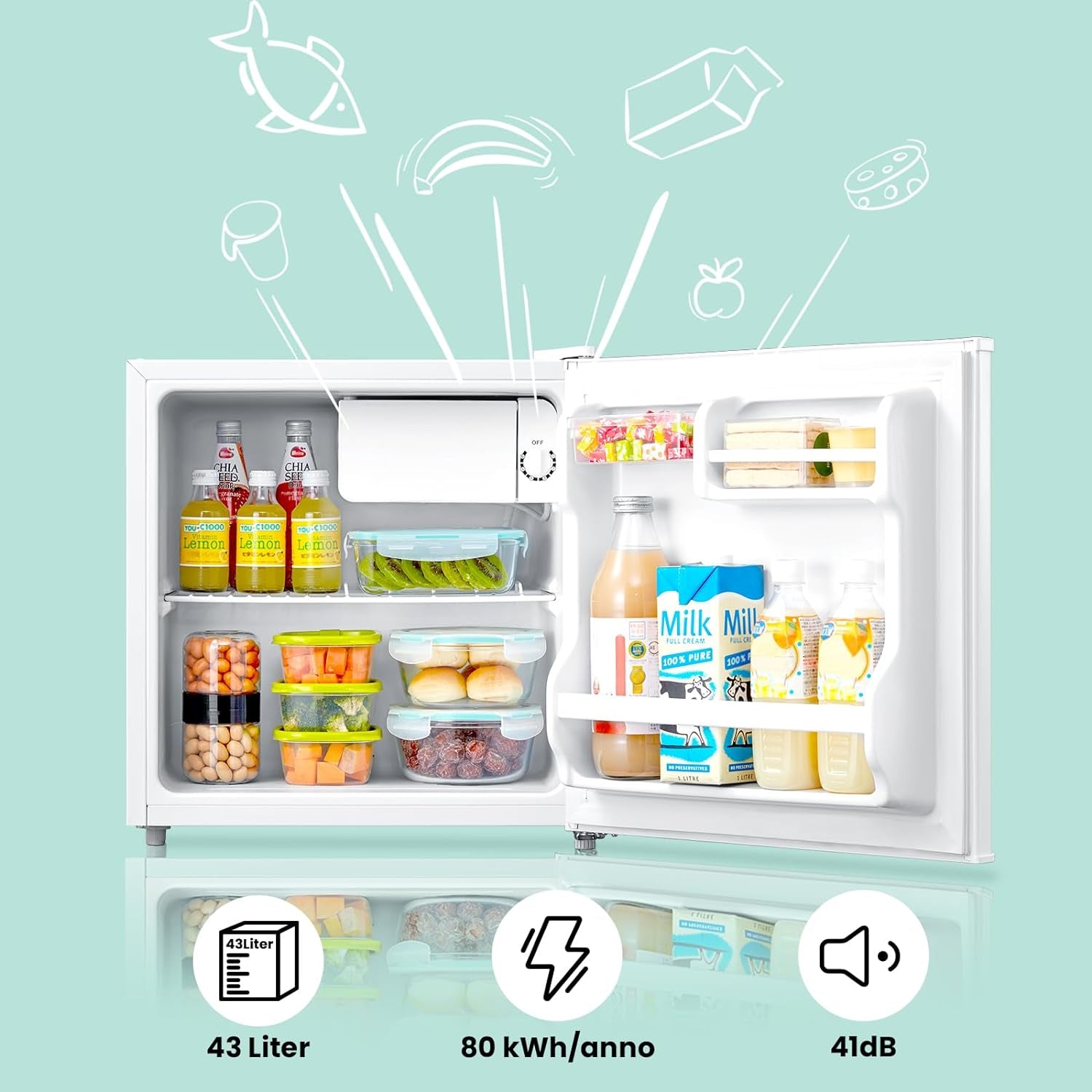 RCD50WH2(E) Mini Réfrigérateur/Glacière 43L Avec Compartiment Congélateur/Petit Réfrigérateur Pour Chambre Et Bureau/Refroidissement Rapide Dans Le Refroidisseur/Contrôle De Température/Blanc