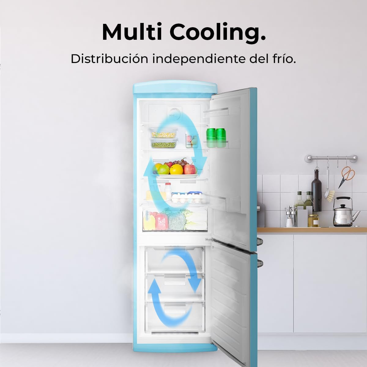 Réfrigérateur Combiné Rétro À Deux Portes 294 L Bolero Coolmarket Combi Origin 294 Bleu. Hauteur 190 Cm Et Largeur 60 Cm, No Frost Total, Refroidissement Multiple, Ultra Fresh