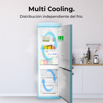 Réfrigérateur Combiné Rétro À Deux Portes 294 L Bolero Coolmarket Combi Origin 294 Bleu. Hauteur 190 Cm Et Largeur 60 Cm, No Frost Total, Refroidissement Multiple, Ultra Fresh