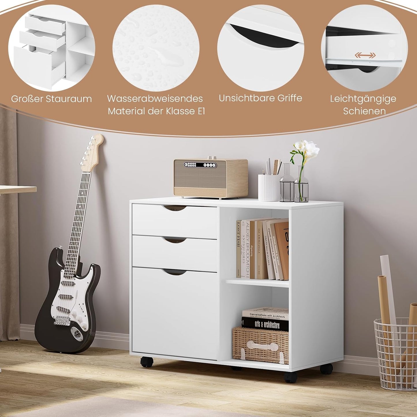 Caisson De Bureau Sur Roulettes, 80X39,5X69,5 Cm,Blanc | Avec 3 Tiroirs Et 2 Compartiments Ouverts, Armoire À Dossiers, Meuble De Rangement, Pour Bureau, Chambre