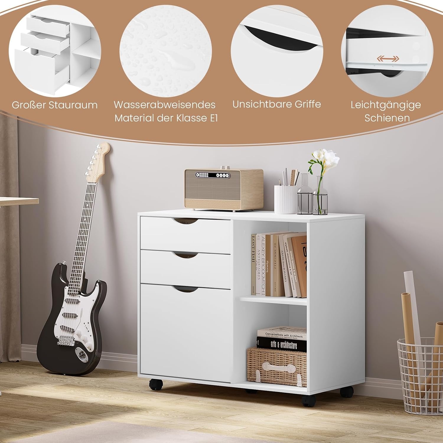 Caisson De Bureau Sur Roulettes, 80X39,5X69,5 Cm,Blanc | Avec 3 Tiroirs Et 2 Compartiments Ouverts, Armoire À Dossiers, Meuble De Rangement, Pour Bureau, Chambre