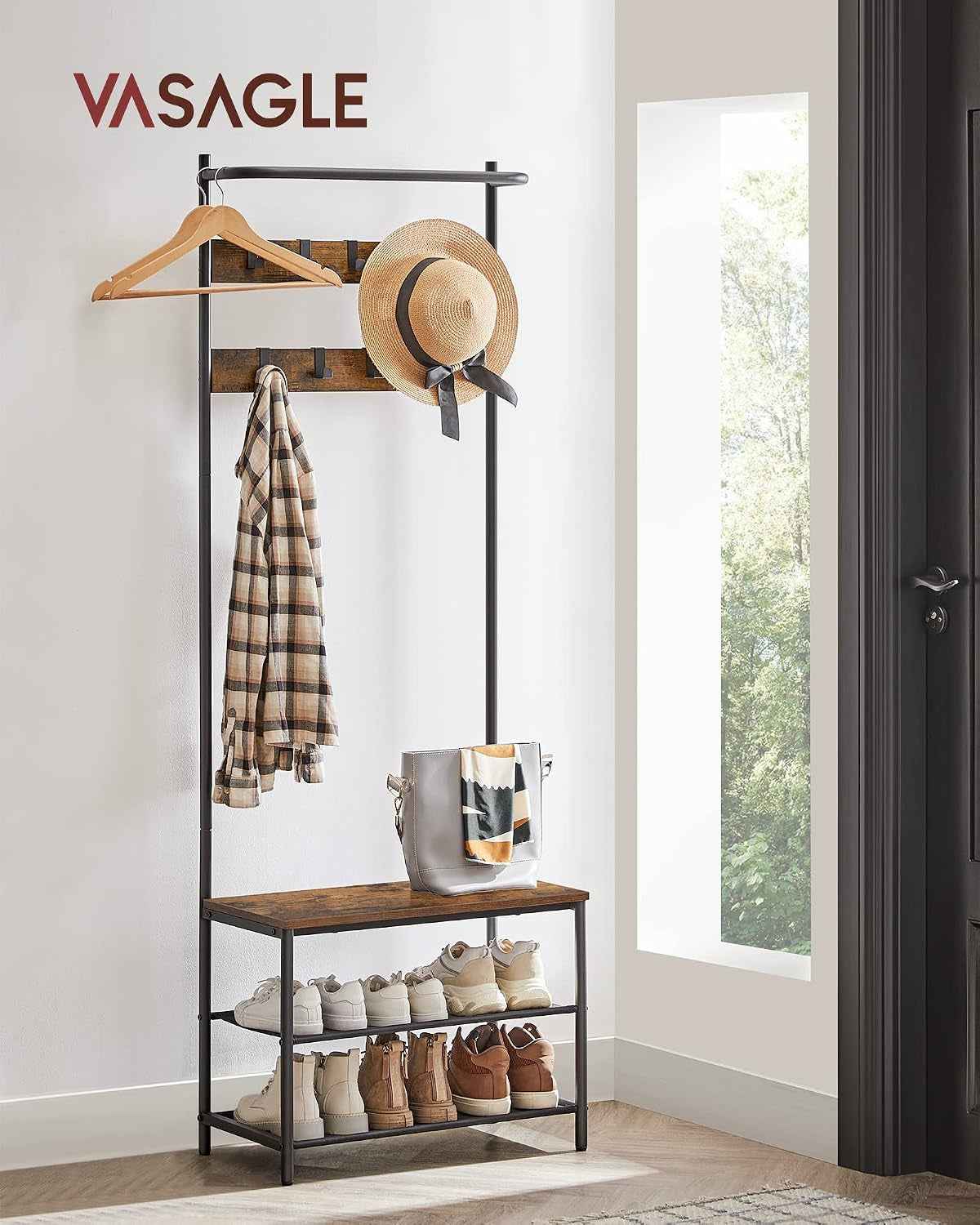 Meuble D’Entrée, Porte-Manteaux, Avec Banc Et Étagère À Chaussures, 9 Crochets Amovibles, Tringle, 32,2 X 64 X 180 Cm, Pour Entrée, Chambre, Style Industriel, Marron Rustique Et Noir HSR411B01