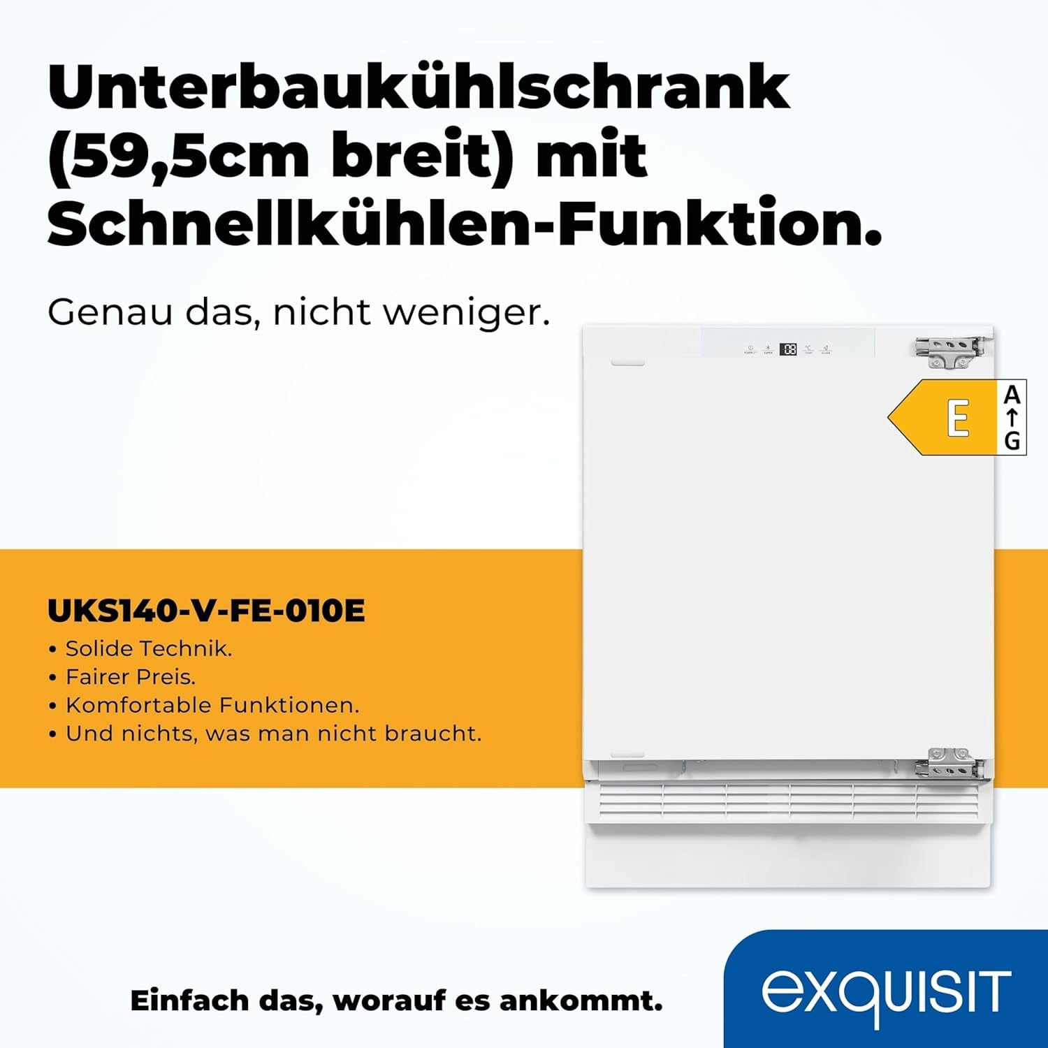 Exquisit UKS140-V-FE-010E Unterbau Kühlschrank, Nischenhöhe 82,5 Cm, 60 Cm Breit, 138L, Festtürmontage, Abtauvorgang Automatisch, Eierablagen, Temperatureinstellung, Weiß