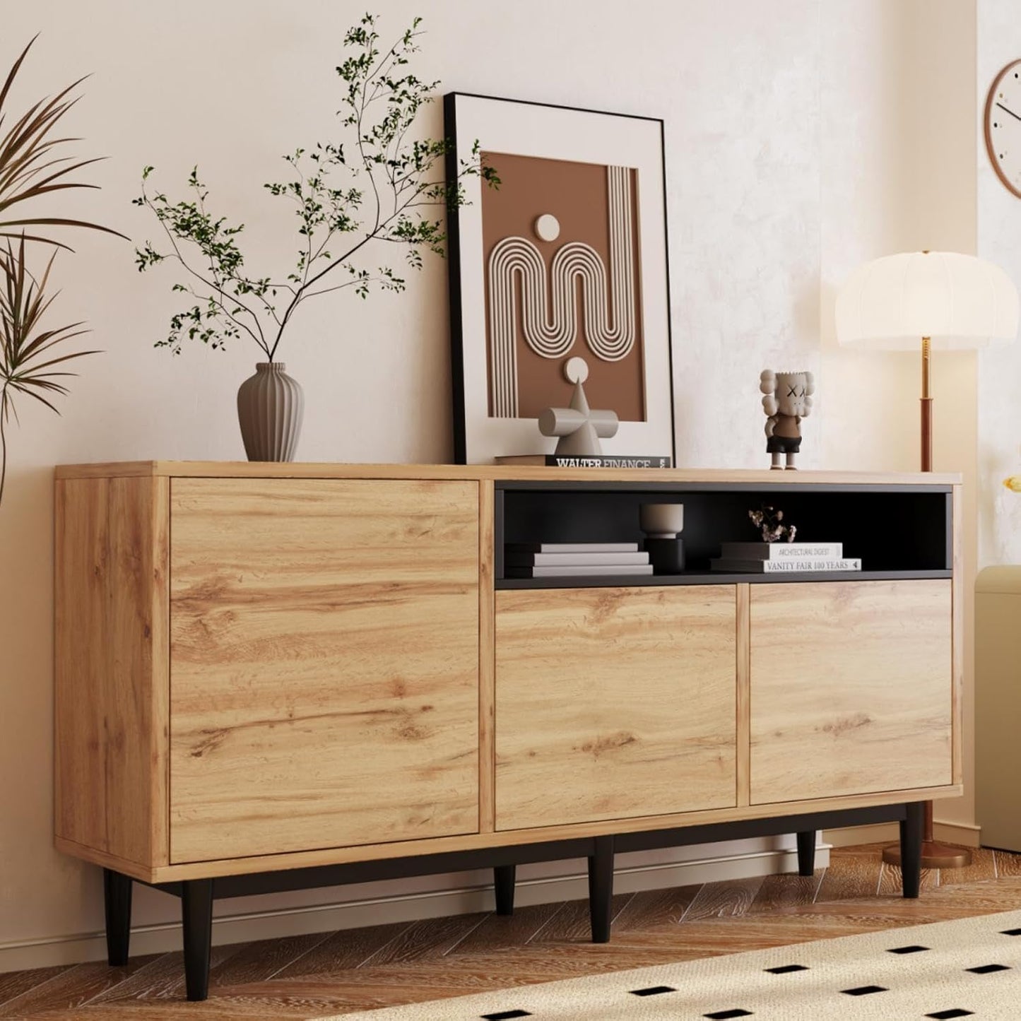 Buffet Moderne En Grain De Bois, Armoire De Rangement À 3 Portes Et Compartiment Ouvert, Noir, Multifonction Pour Salon, Chambre À Coucher, Cuisine (Naturel-C)