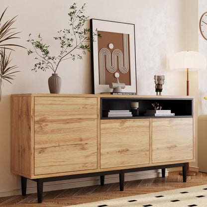 Buffet Moderne En Grain De Bois, Armoire De Rangement À 3 Portes Et Compartiment Ouvert, Noir, Multifonction Pour Salon, Chambre À Coucher, Cuisine (Naturel-C)
