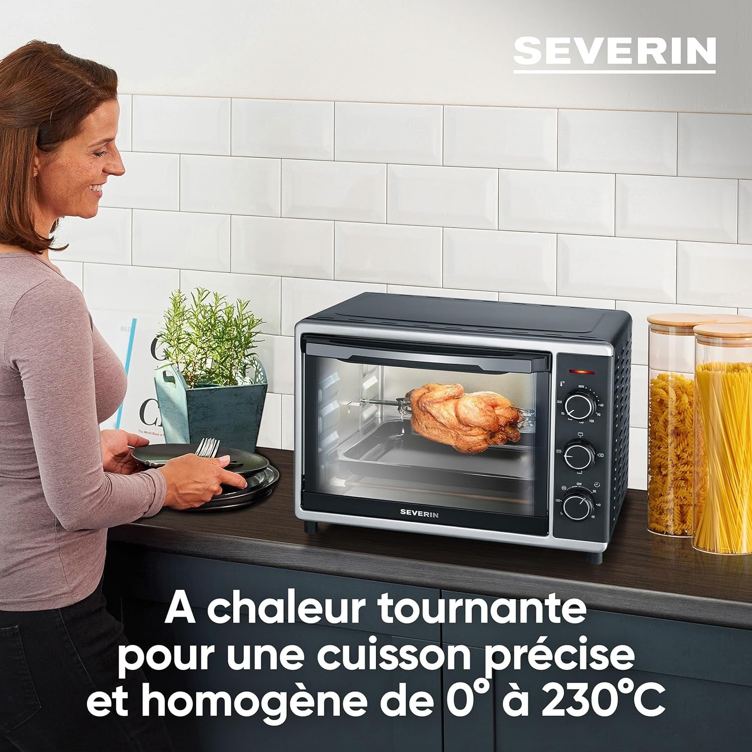 Mini-Four À Chaleur Tournante 30 L Avec Tournebroche, Four Posable 1 600 W Design Simple Et Élégant Électrique Avec Minuteur 120 Min, Noir/Inox, to 2056