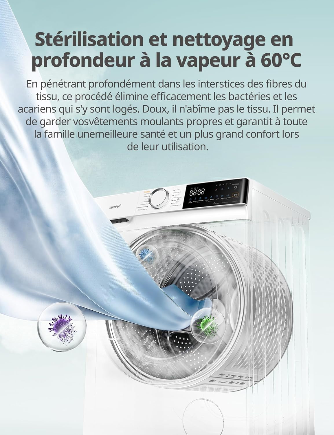 ' Machine a Laver 10KG Classe A-30% 1400RPM Smart Wash CF10EWP07W | App Commande Intelligente, Healthguard, Steam Wash, Laine, Poils D'Animaux, Turbo, Rapide 15'/45', Lavage De Nuit, Parfum+