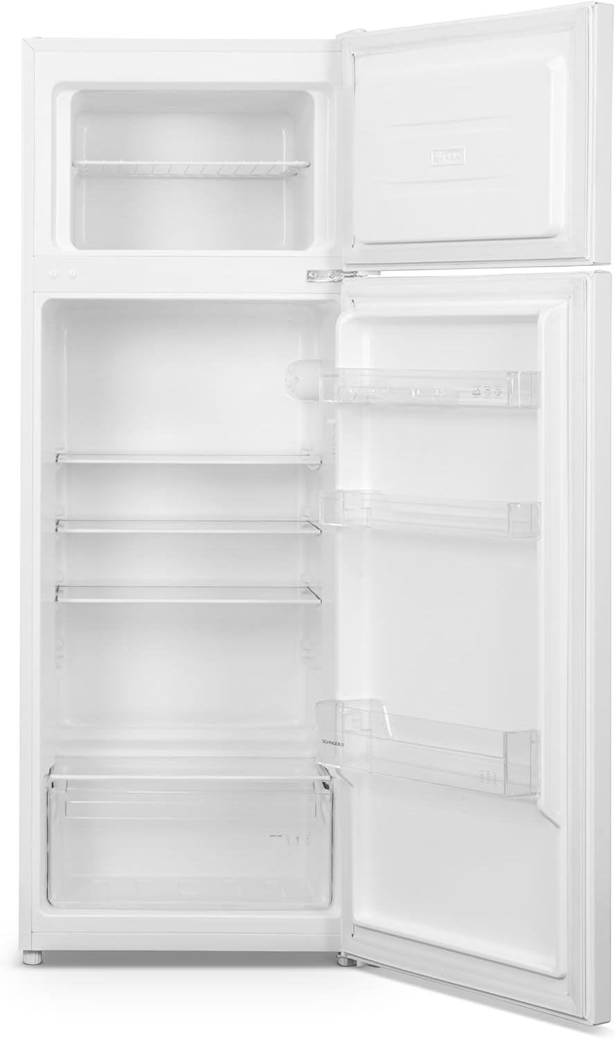 SCDD205W, Réfrigérateur Deux Portes, 206L(169+37), Froid Statique, Poignée Intégrée, 3 Clayettes Verre, 3 Balconnets, Thermostat Réglable, Portes Réversibles, Blanc