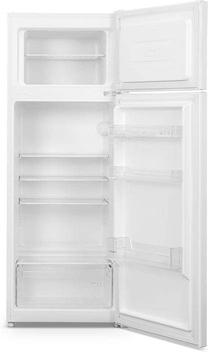 SCDD205W, Réfrigérateur Deux Portes, 206L(169+37), Froid Statique, Poignée Intégrée, 3 Clayettes Verre, 3 Balconnets, Thermostat Réglable, Portes Réversibles, Blanc