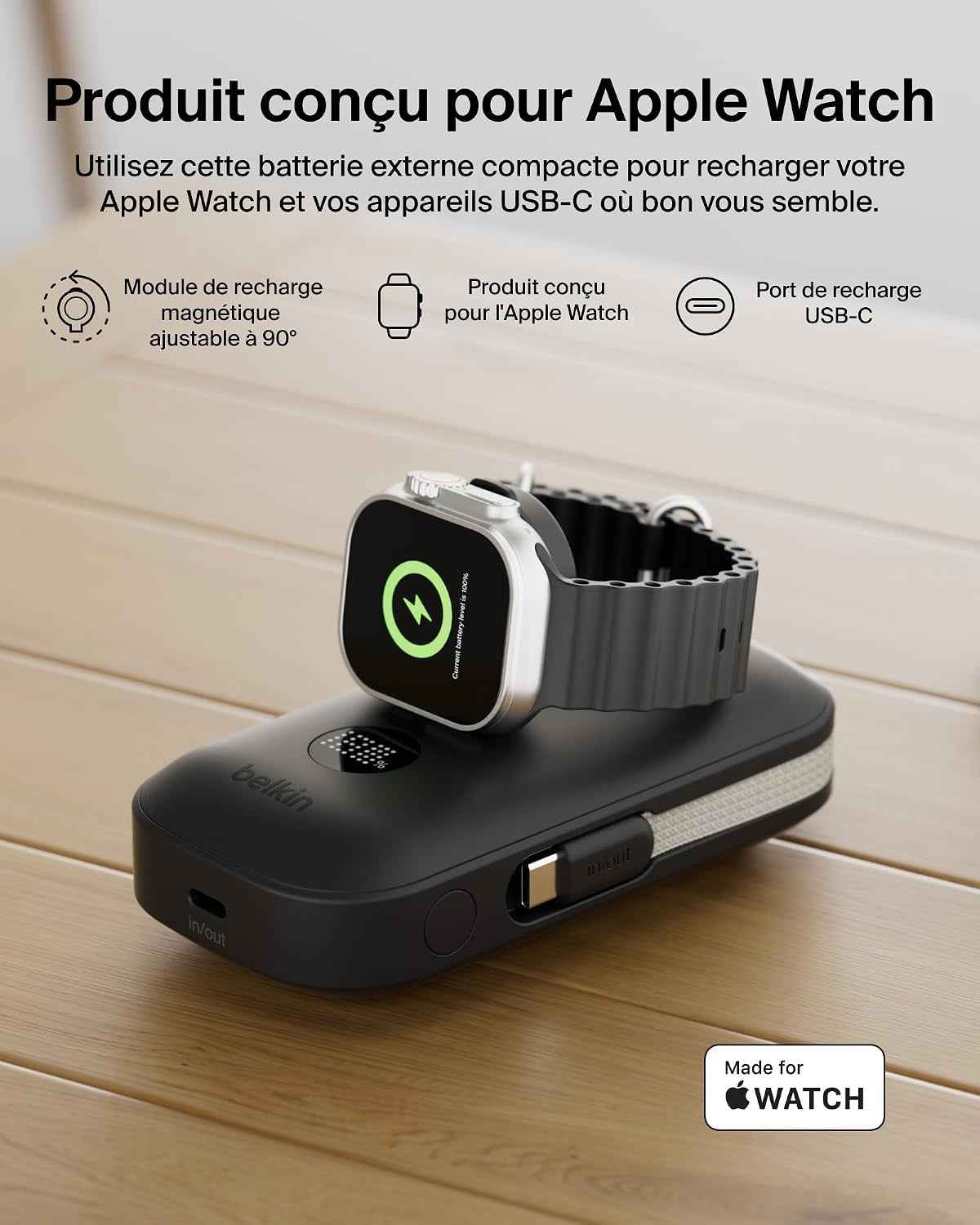 Belkin Boostcharge Pro Batterie Externe 10000Mah Avec Module De Recharge Apple Watch, Chargeur Portable, Câble USB-C À Gaine Tressée Intégré, Écran Numérique, 45W, Recharge De 3 Appareils, Noir
