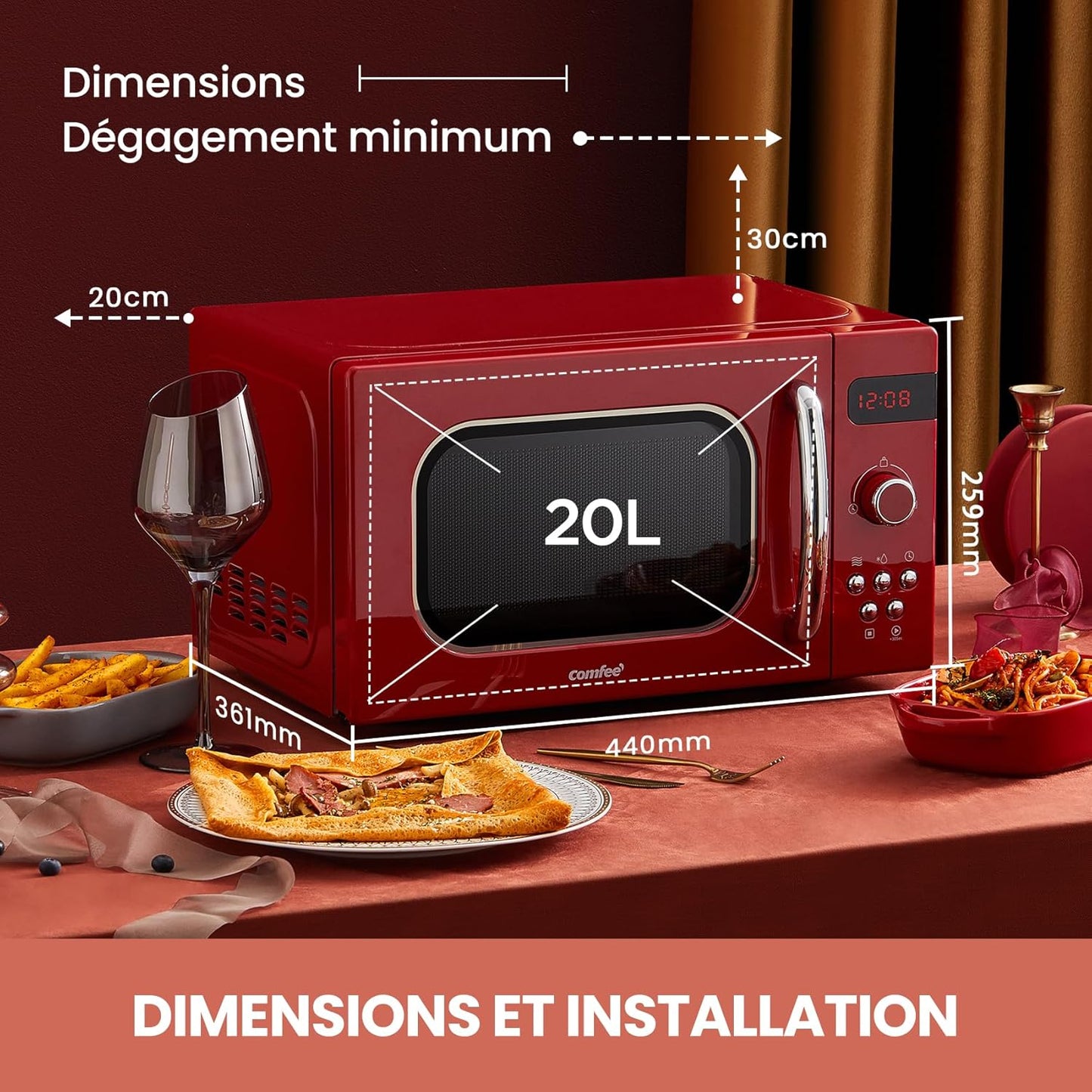 ' Micro-Ondes Rétro CMSRO 20Di Rd Avec 8 Renus Rutomatiques, 5 Niveaux De Puissance De Cuisson, Bouton De Cuisson Express, 20 L, 800 W, Rouge Passion