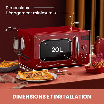 ' Micro-Ondes Rétro CMSRO 20Di Rd Avec 8 Renus Rutomatiques, 5 Niveaux De Puissance De Cuisson, Bouton De Cuisson Express, 20 L, 800 W, Rouge Passion