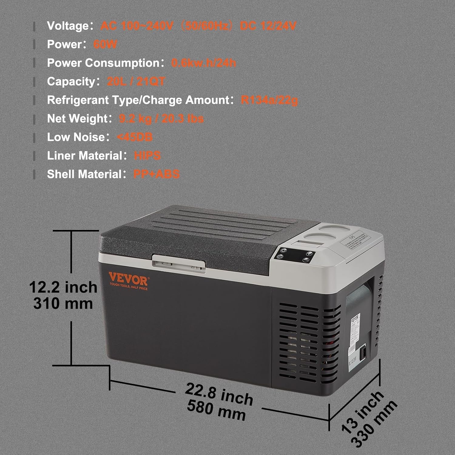 Glacière Électrique Portable De 20 L Réfrigérateur De Voiture Portable 12/24 V CC 100-240 V CA Frigo Voiture À Une Zone 0,6 Kw.H -20 °C À 10 °C Réglable Congélateur Pour Camion Bateau Camping