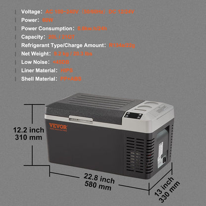Glacière Électrique Portable De 20 L Réfrigérateur De Voiture Portable 12/24 V CC 100-240 V CA Frigo Voiture À Une Zone 0,6 Kw.H -20 °C À 10 °C Réglable Congélateur Pour Camion Bateau Camping