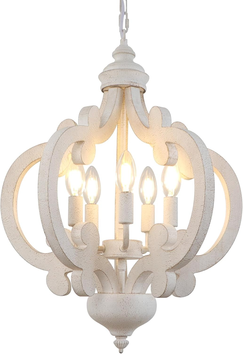 Lustre De Ferme En Bois 5 Lumières Lampe À Suspension Rustique Blanche Vieillie Lustres De Campagne Française Pour Salle À Manger, Chambre À Coucher, Cuisine