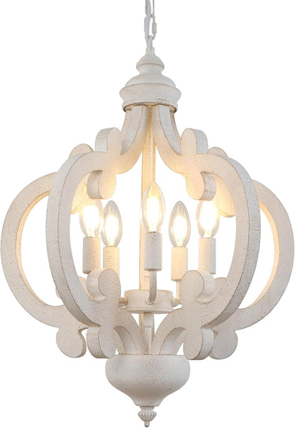 Lustre De Ferme En Bois 5 Lumières Lampe À Suspension Rustique Blanche Vieillie Lustres De Campagne Française Pour Salle À Manger, Chambre À Coucher, Cuisine