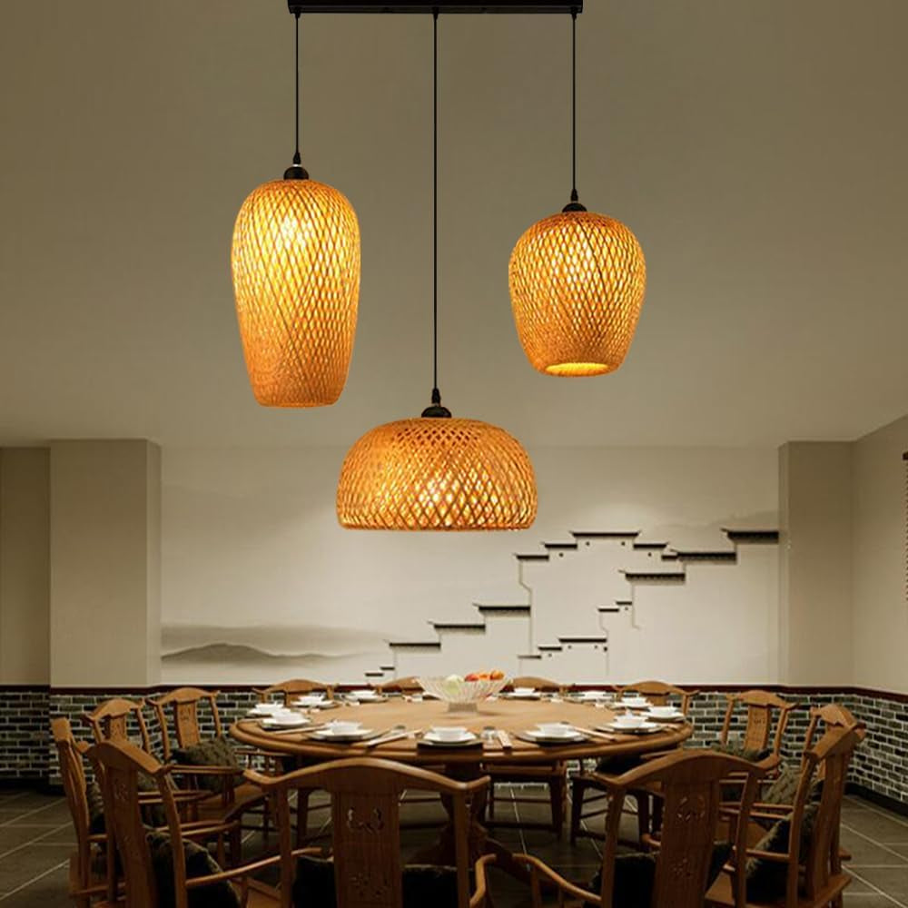 Lustre Industriel 3 Lampes Suspendue Bambou Tissé À La Main Lampe Vintage Pendentif Rotin Lampe À Suspension Abat-Jour En Osier Naturel Luminaire Plafonnier E27 Pour Chambre Salon Cuisine Salle,A