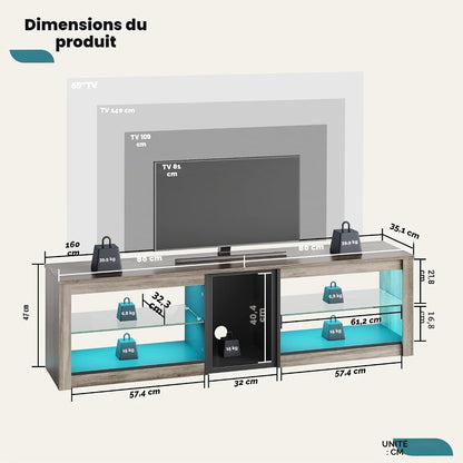 Meuble TV Bas Pour Téléviseurs 65" Et plus Petits, 160 X 35 X 52 Cm, Meuble TV Avec Lumières LED RVB, Table TV Avec Gestion Des Câbles Intégrée, Plateau En Verre Réglable
