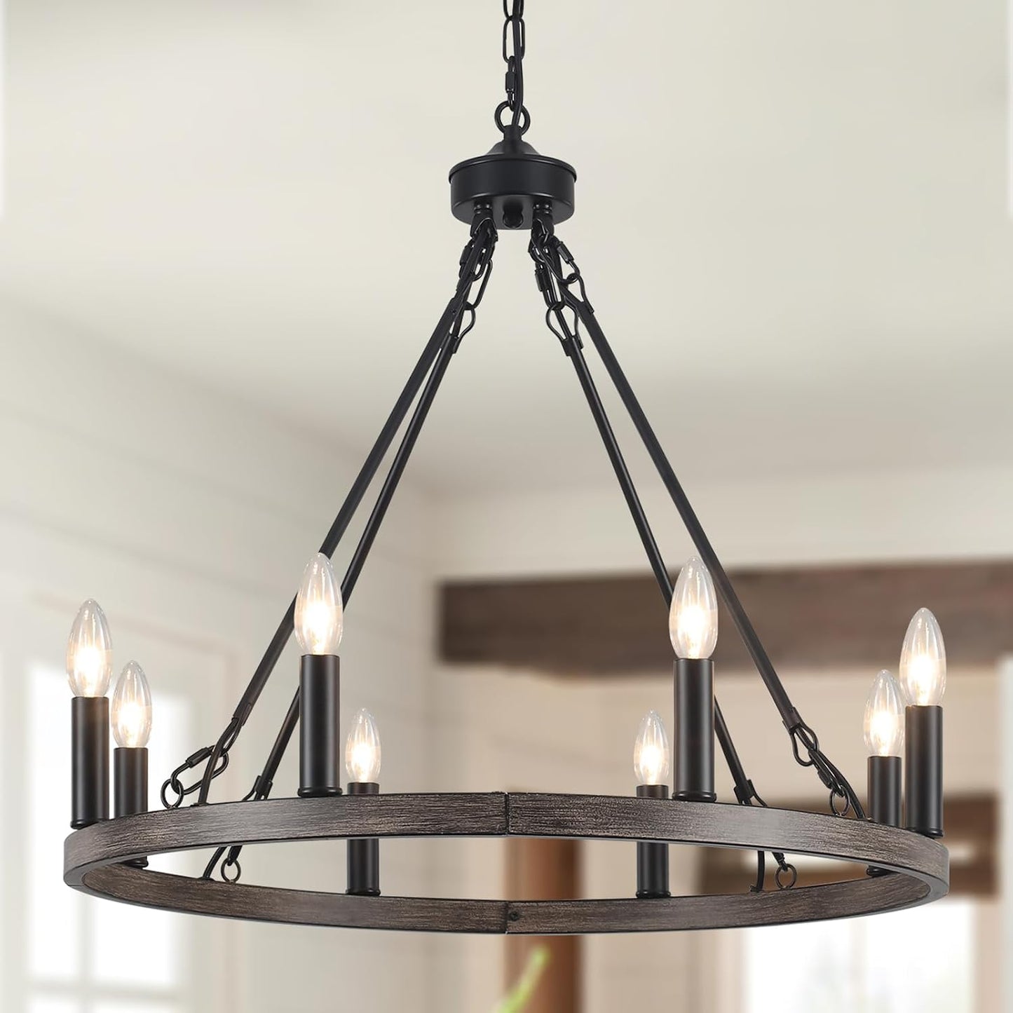 Lustre Noir, 8 Lumières Lustre En Forme De Roue De Charrette, Suspension Plafonnier Industriel Pour Salon, Salle À Manger, Cuisine, Couloir, Chambre, Hauteur Réglable | Lustre Rustique Moderne De Ferme Noir À Suspension, Plafonnier De Salle À Manger Pour
