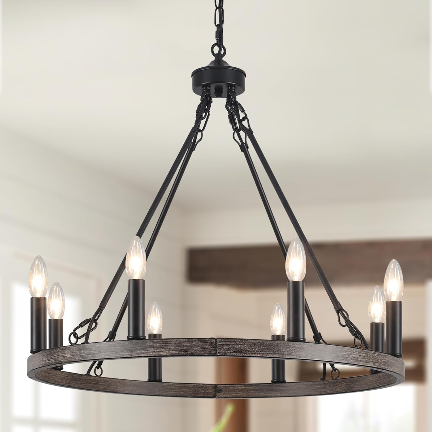 Lustre Noir, 8 Lumières Lustre En Forme De Roue De Charrette, Suspension Plafonnier Industriel Pour Salon, Salle À Manger, Cuisine, Couloir, Chambre, Hauteur Réglable | Lustre Rustique Moderne De Ferme Noir À Suspension, Plafonnier De Salle À Manger Pour