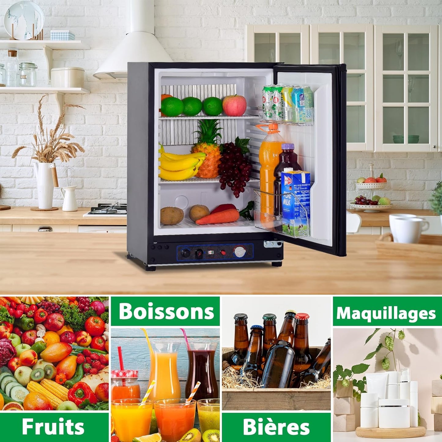 Frigo Trimixte 12V/220V/Gaz,60L,Frigo Camping Gaz, 30Mbar, Température 0-10℃, Porte Réversible, Mini Réfrigérateur Silencieux Pour Camping-Car Caravane Mobile-Home,Noir