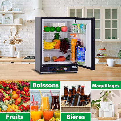 Frigo Trimixte 12V/220V/Gaz,60L,Frigo Camping Gaz, 30Mbar, Température 0-10℃, Porte Réversible, Mini Réfrigérateur Silencieux Pour Camping-Car Caravane Mobile-Home,Noir