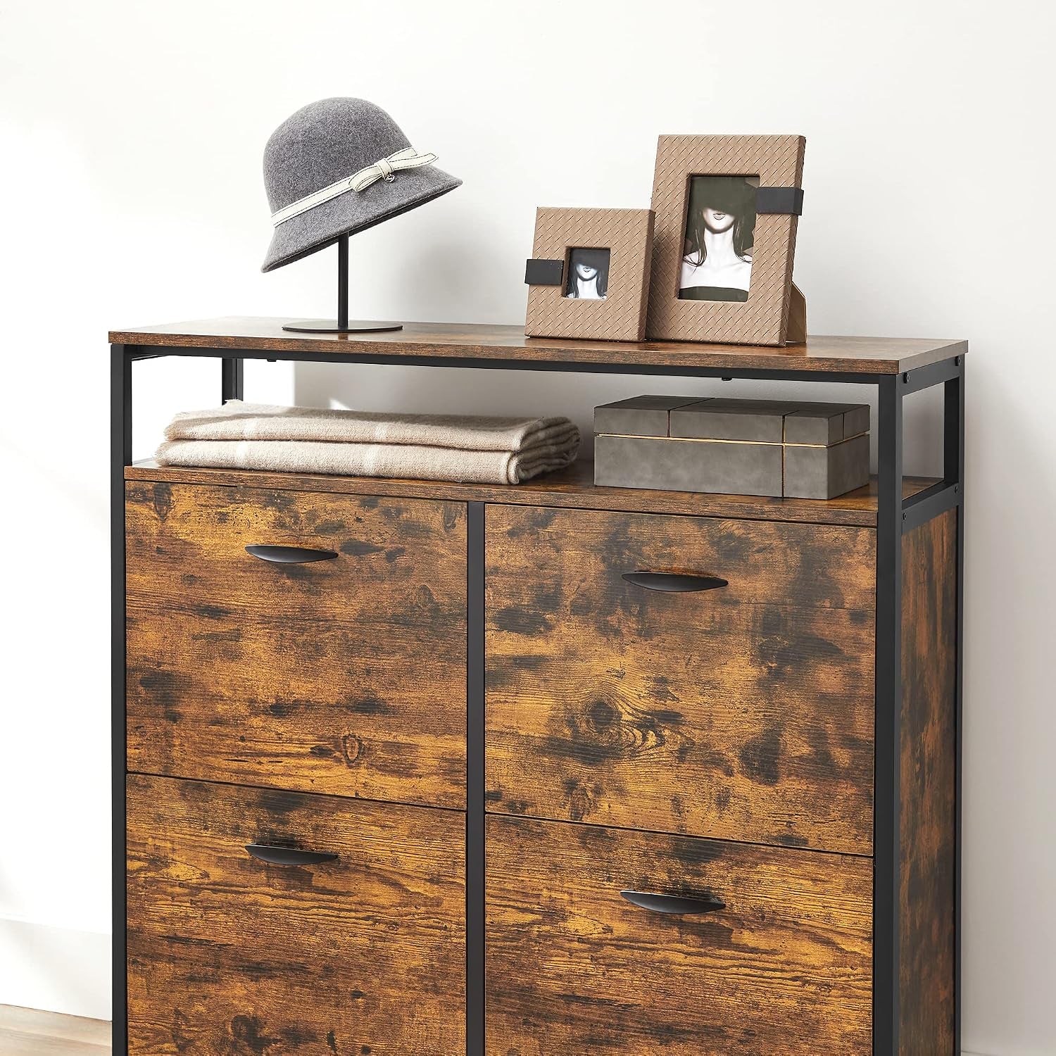 Meuble À Chaussures, Porte-Chaussures Fin, Meuble De Rangement À 4 Abattants, Pour 12-20 Paires, Anti-Poussière, 30 X 98,3 X 95 Cm, Pour Entrée, Marron Rustique Et Noir LBS803B01