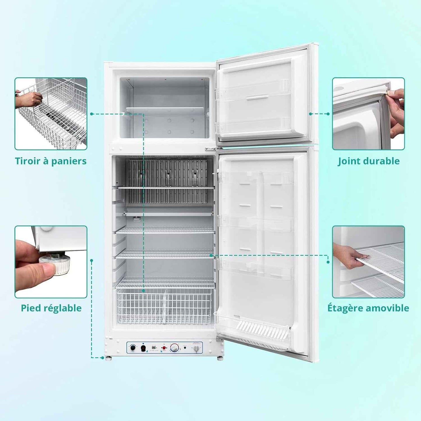 Frigo Gaz Avec Congélateur 380L, Réfrigérateur Congélateur 2 Voies Gaz/220V, Frigo Camping Gaz Pour Camping-Car, Caravane, Mobile-Home, Garage, Blanc