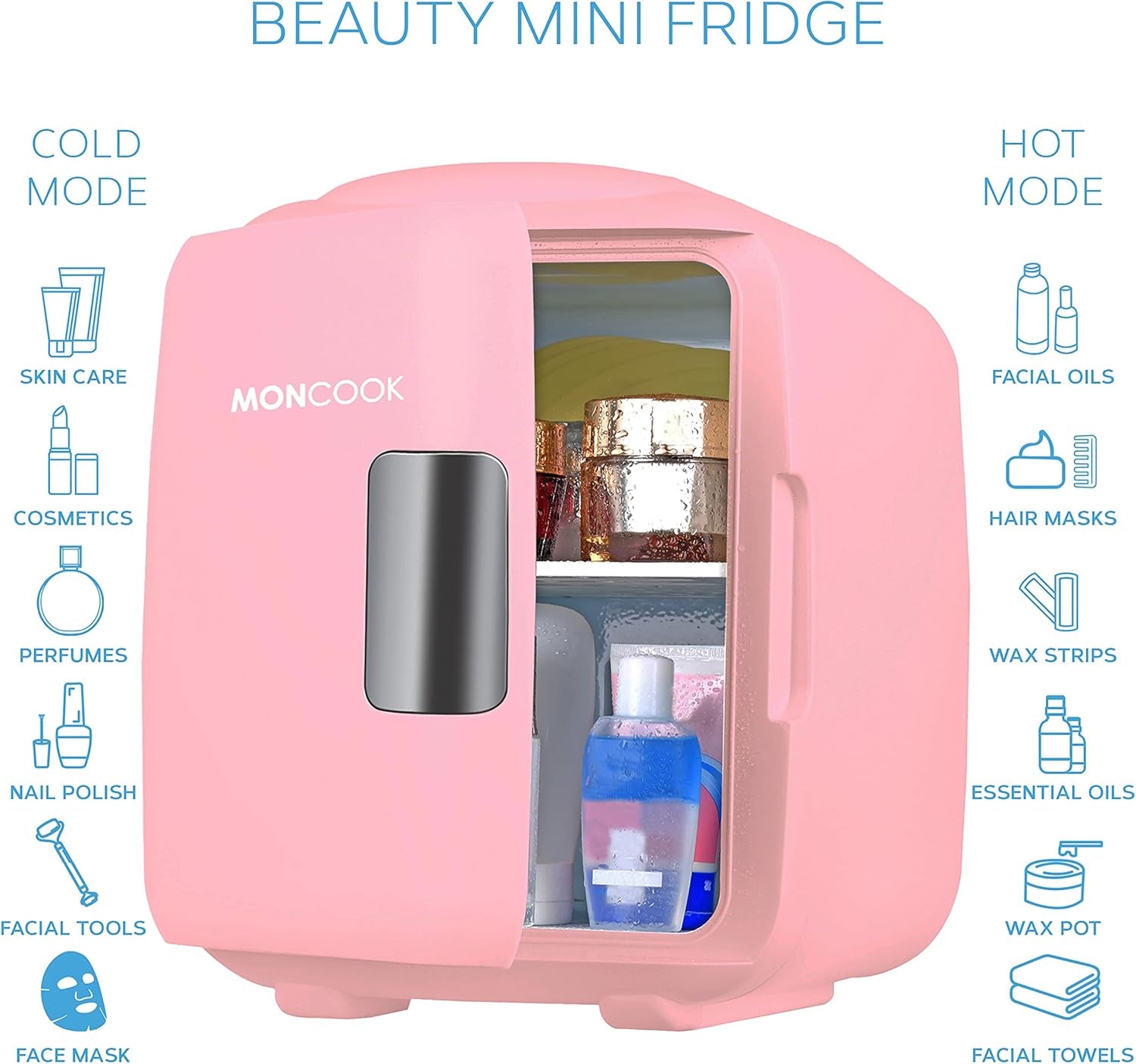 MONCOOK Mini Réfrigérateur - Mini Réfrigérateurs Portables Pour Les Soins De La Peau, La Médecine, La Nourriture Et Les Boissons - Fonction De Refroidissement Et De Réchauffement - 14L - Mono Rose