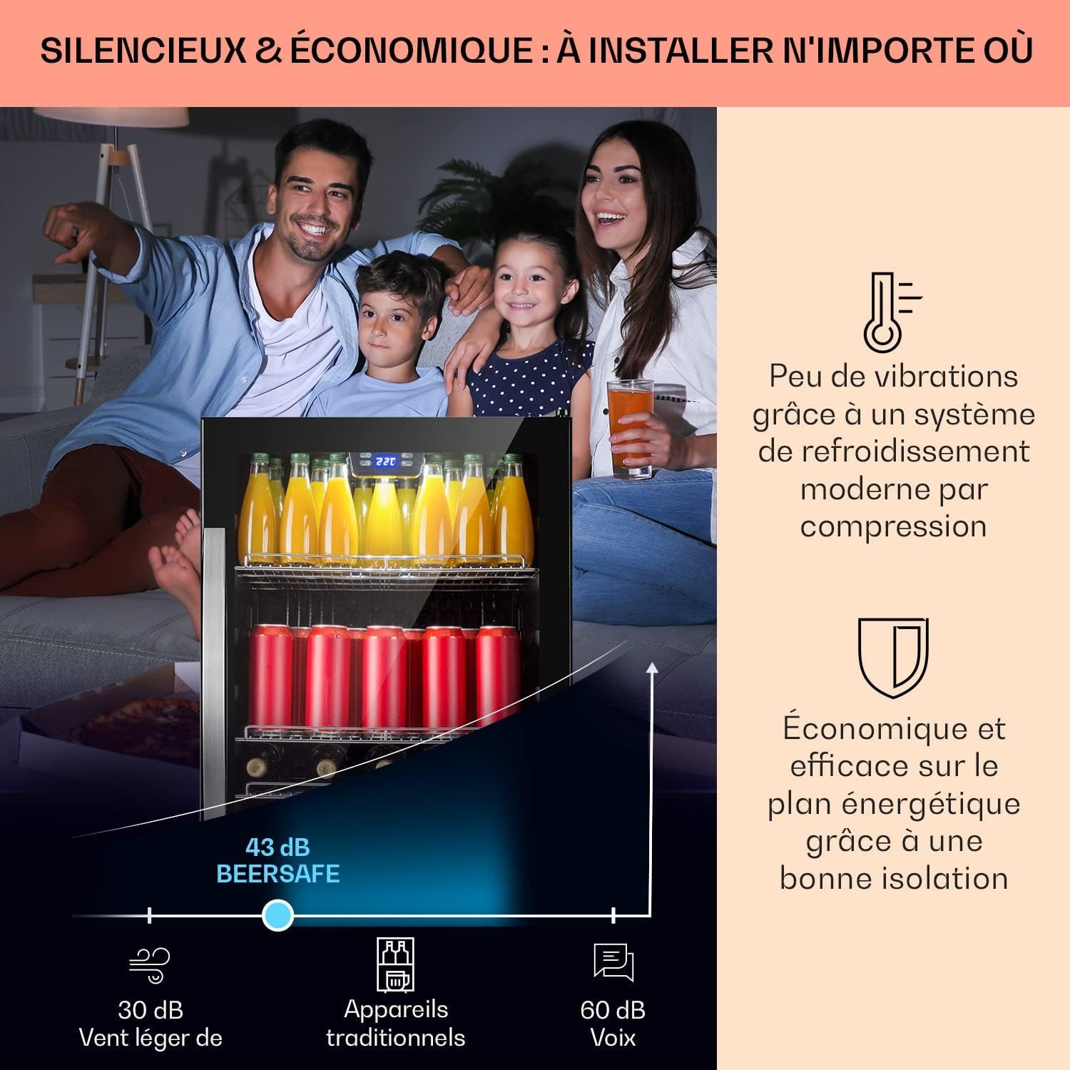 Beersafe Réfrigérateur À Boissons 147 L – Frigo Avec Porte Vitrée, Noir | Éclairage LED, Étagères Métalliques Amovibles, Silencieux, Pour Boissons Et Canettes