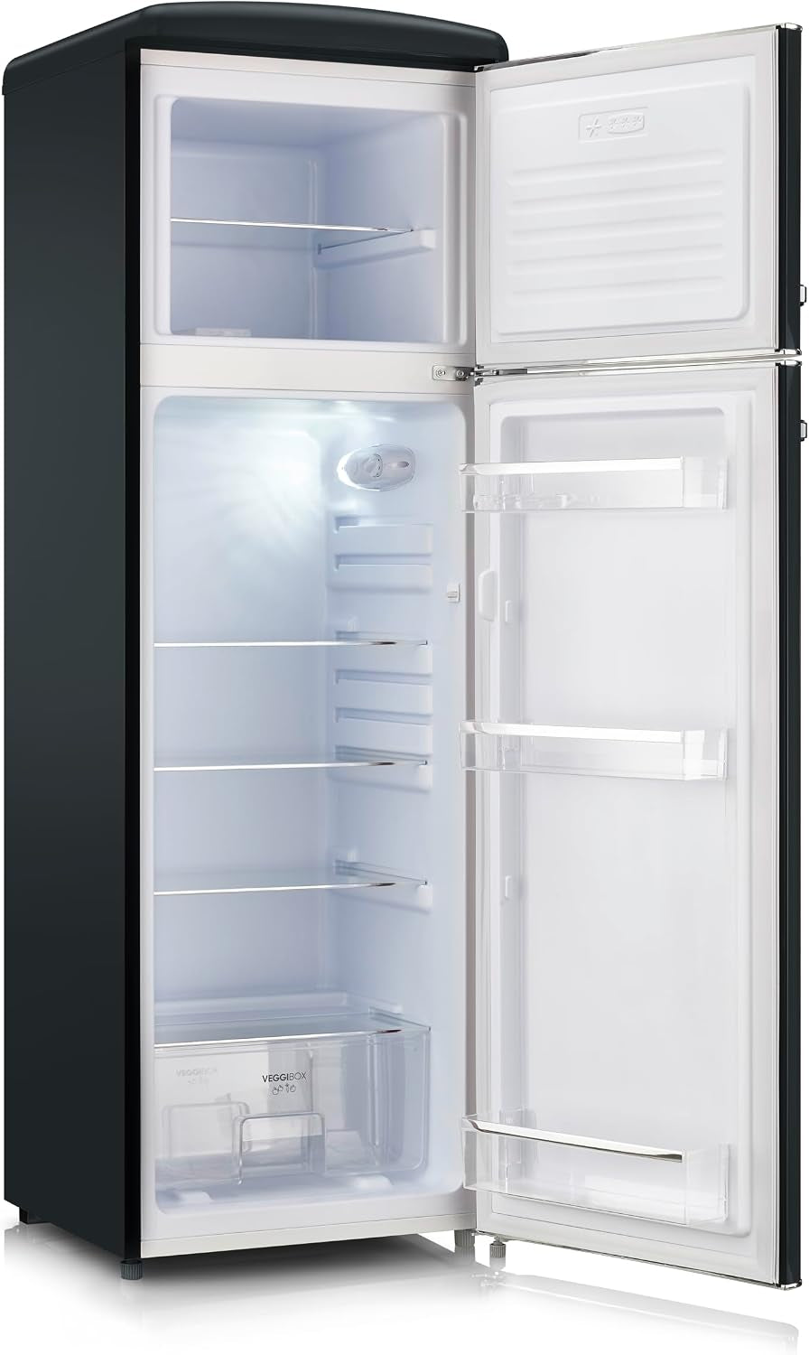Réfrigérateur Congélateur 2 Portes, Pose Libre, Réfrigérateur Double Porte Avec Congélateur Largeur 55 Cm, 246 L, Classe D, Look Rétro, Noir Mat, RKG 8984