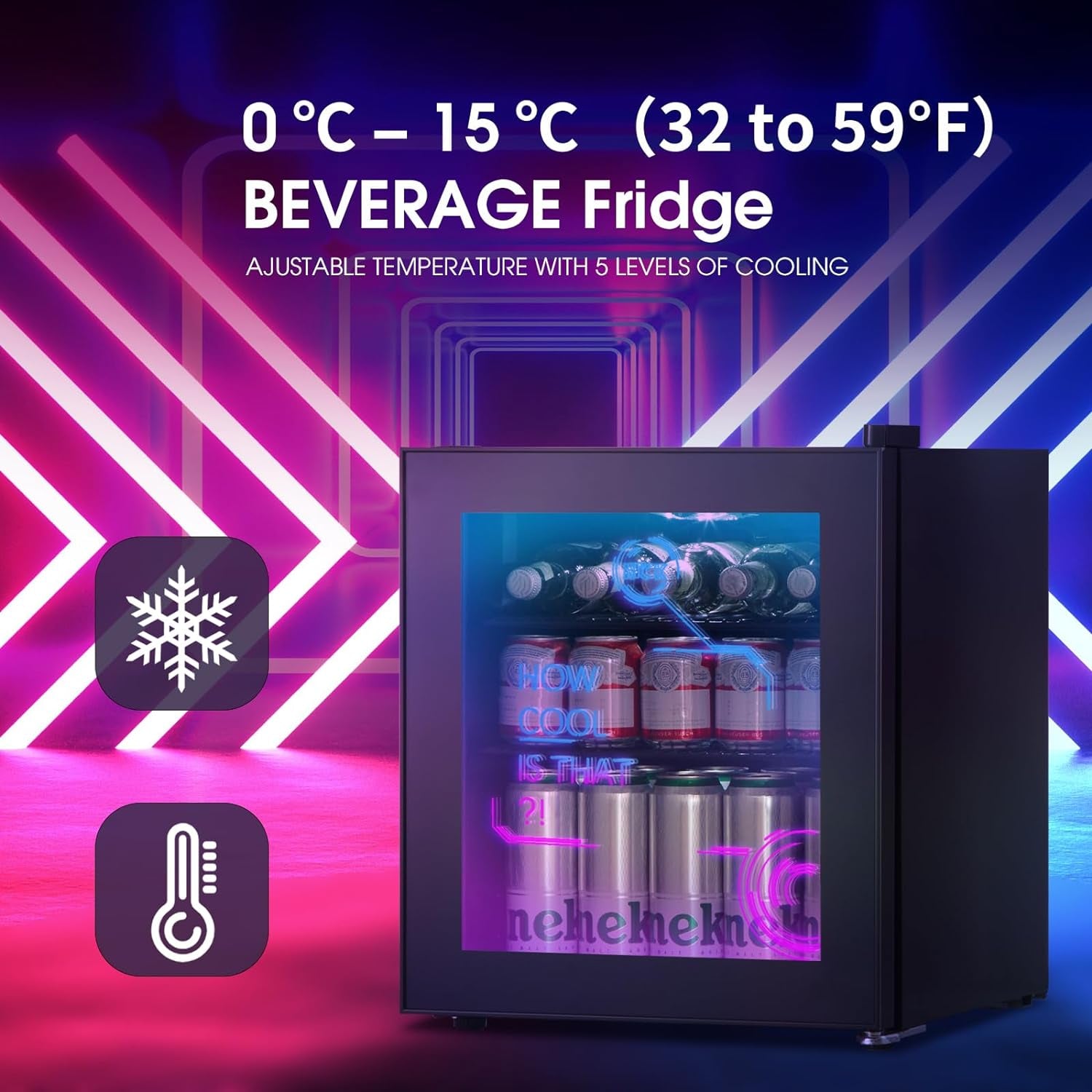 Mini Frigo, Réfrigérateur Pour Boissons Avec Éclairage Moderne Cyberpunk, 48L Petit Frigo Silencieux De 0-15°C, Mini Bar Intérieur, Pour Salle De Jeux, Fête, Noir.
