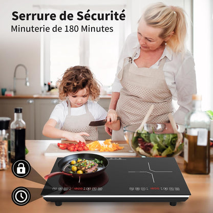 Plaque Induction 2 Feux, Plaque De Cuisson Electrique 220V 3600W, Plaque Vitrocéramique 2 Feux, Capteur LED Tactile, Tables De Cuisson, Verrouillage Enfant, Minuterie, Plaque À Induction Portable