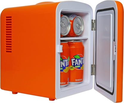 Coca Cola Fanta Portable 6 Can Thermoelectric Mini Fridge Cooler/Warmer, 4 L/4.2 Quarts Capacity, 12V DC/110V AC Plugs Included Great for Home, Car, Skincare, Cosmetics, Medication