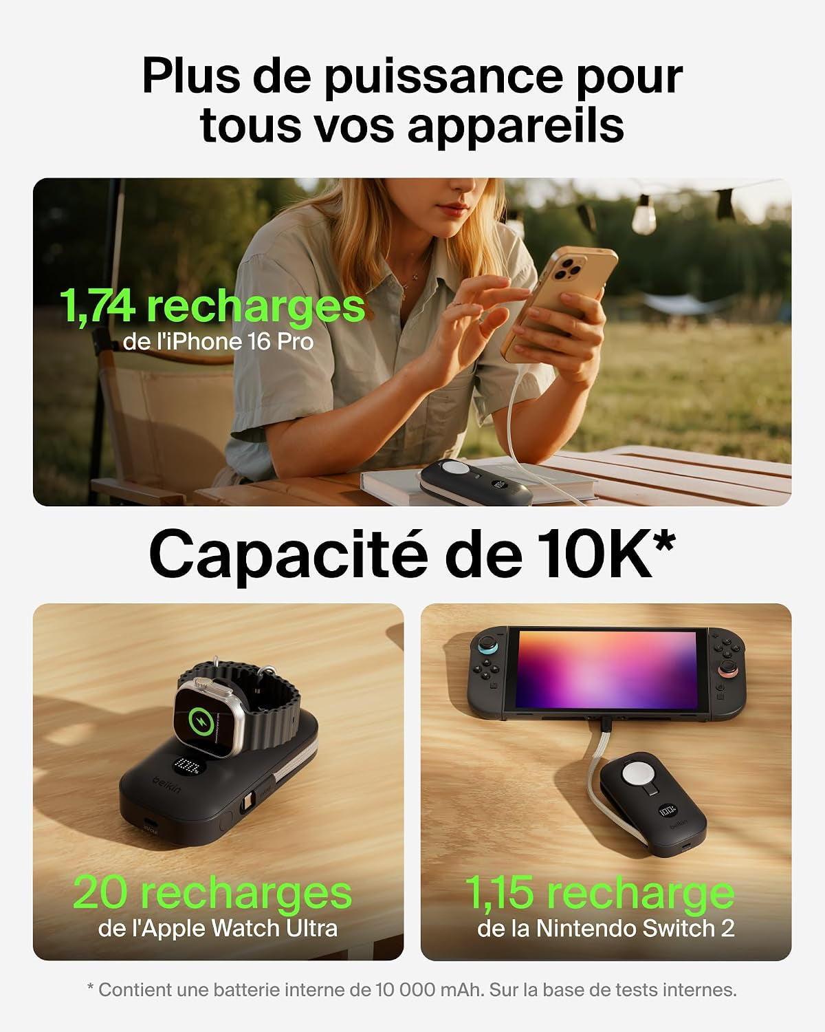 Belkin Boostcharge Pro Batterie Externe 10000Mah Avec Module De Recharge Apple Watch, Chargeur Portable, Câble USB-C À Gaine Tressée Intégré, Écran Numérique, 45W, Recharge De 3 Appareils, Noir
