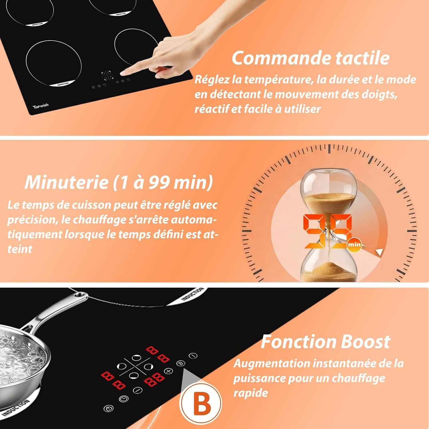 Plaque Induction 4 Feux, Plaque De Cuisson À Induction, 7200W | Plaque De Cuisson Induction 60Cm, Con 9 Niveaux, Boost, Voyant De Surface Chaude, Protection D'Extinction, Verrou De Sécurité