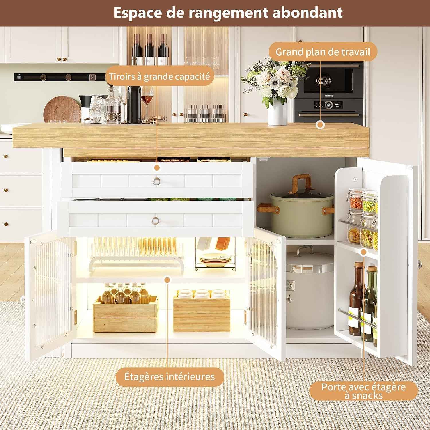 Îlot Central Cuisine Extensible 120-194 Cm Avec Plateau Pivotant 360°, Meuble De Cuisine Avec Portes En Verre Et Rangements, Blanc