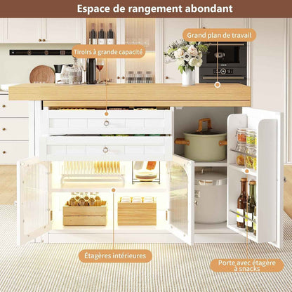 Îlot Central Cuisine Extensible 120-194 Cm Avec Plateau Pivotant 360°, Meuble De Cuisine Avec Portes En Verre Et Rangements, Blanc