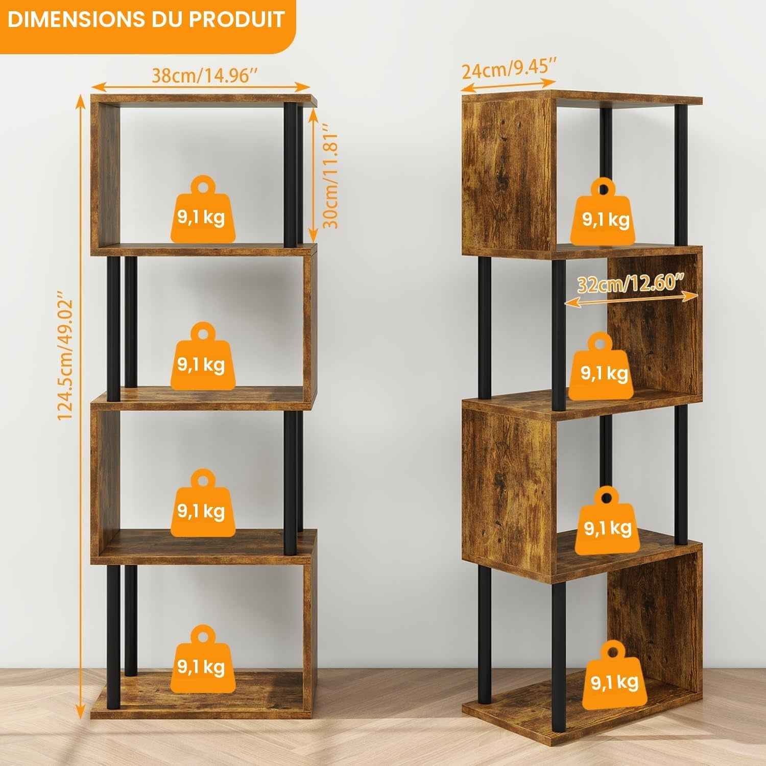 Bibliothèque En Forme De S, Étagère À 5 Niveaux,Marron WBC015H | Meuble De Rangement Bibliothèque Bois Moderne Pour Salon Chambre À Coucher Bureau À Domicile