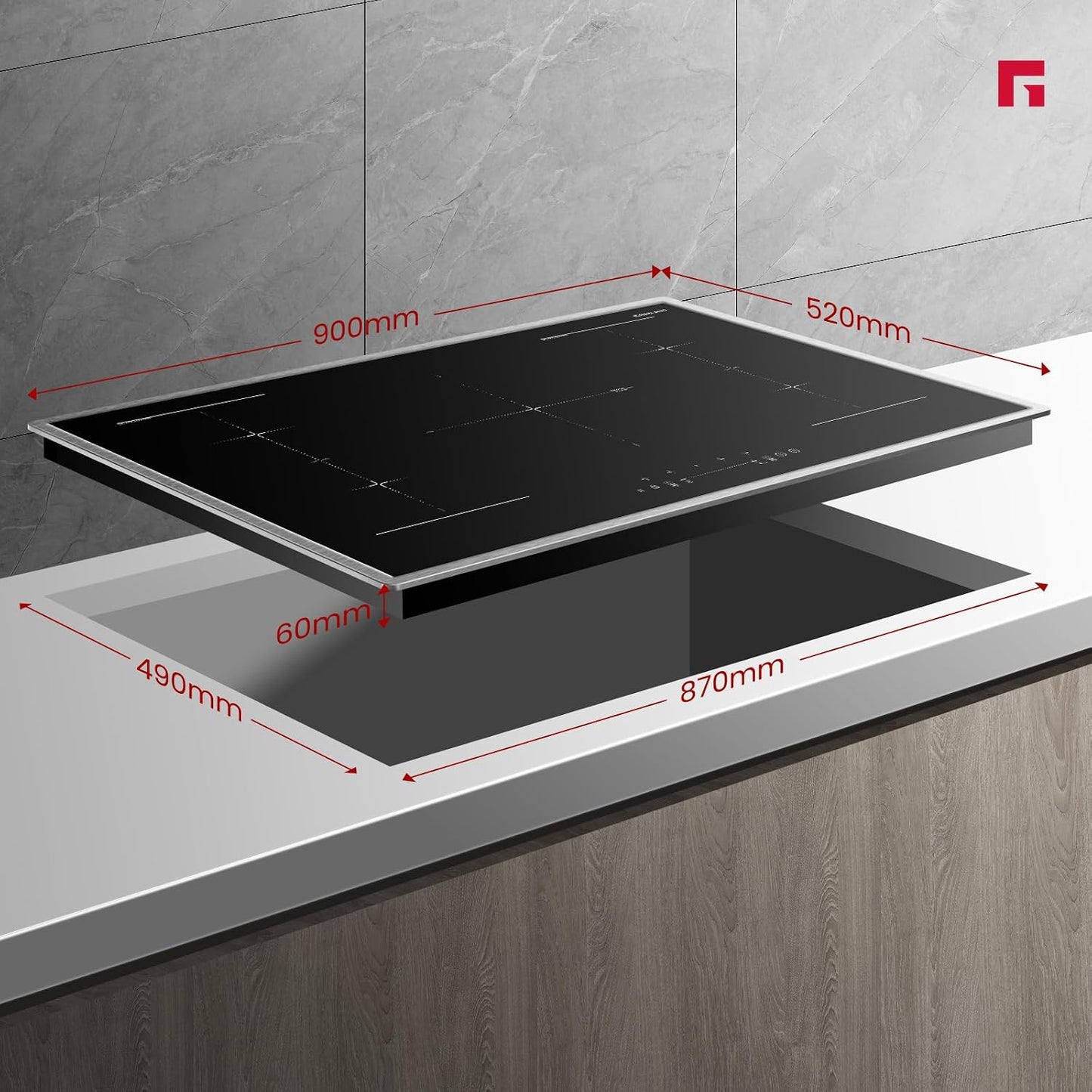 IH905BFB Plaque De Cuisson Induction Encastrable 90 Cm, 5 Foyers Avec Cadre En Inox, Zone Spéciale BBQ, Powerboost, 10000W (Poêle Non Incluse)