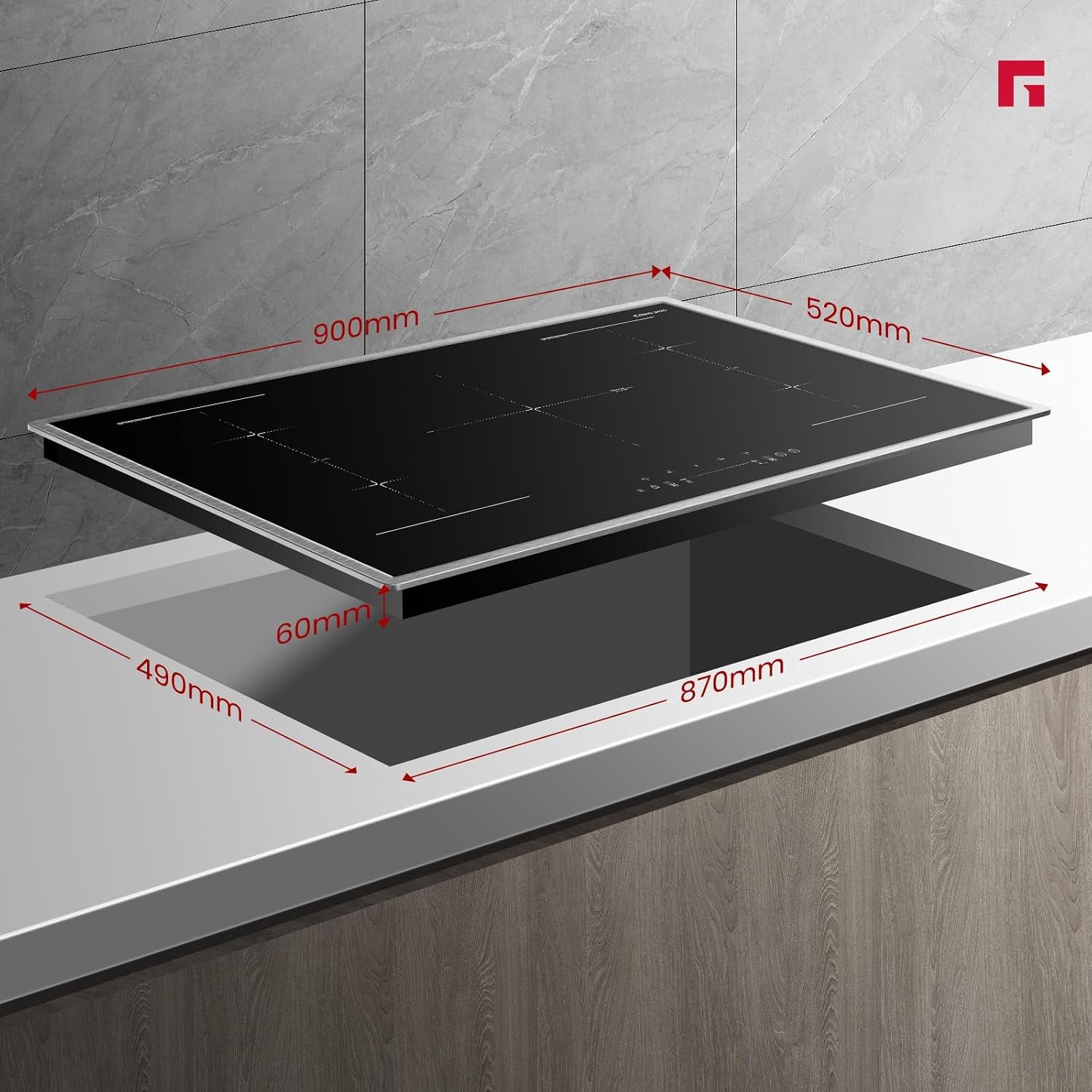 IH905BFB Plaque De Cuisson Induction Encastrable 90 Cm, 5 Foyers Avec Cadre En Inox, Zone Spéciale BBQ, Powerboost, 10000W (Poêle Non Incluse)