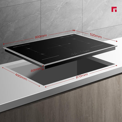 IH905BFB Plaque De Cuisson Induction Encastrable 90 Cm, 5 Foyers Avec Cadre En Inox, Zone Spéciale BBQ, Powerboost, 10000W (Poêle Non Incluse)