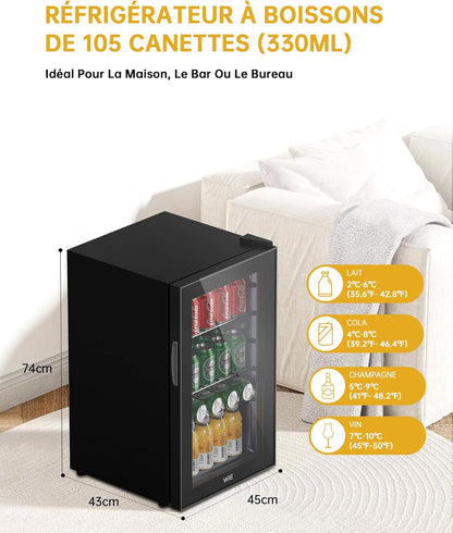 Mini Réfrigérateur Boissons 63L Mini Frigo De Chambre Avec Double Porte Vitrée, Etagères Réglables, Silencieux Petit Frigo Pour Maison/Chambre/Bureau/Cuisine