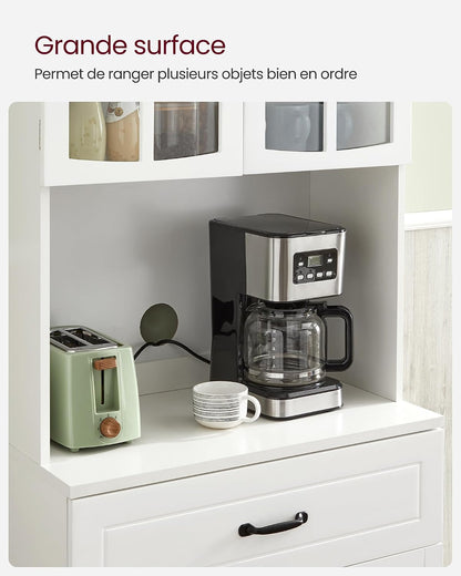 Buffet Haut Cuisine, Meuble De Rangement, Garde-Manger, Vaisselier, Avec Portes En Verre Et Étagères Réglables, Trou De Passage Des Câbles, Pour Micro-Ondes, Style Moderne, Blanc LSC361W21 | Armoire Multi-Usages Avec Étagères Réglables, Trou De Câble, Style Maison De Campagne, Blanc, Collection SOFIE LSC361W21